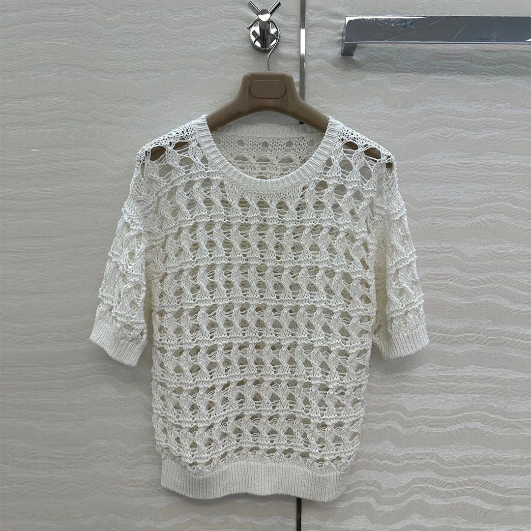 

Old Money Style Hollow Out Knitted Crochet Sweater Women 2025 New Pullover Solid Color O-neck Short Sleeve Summer Casual Tops