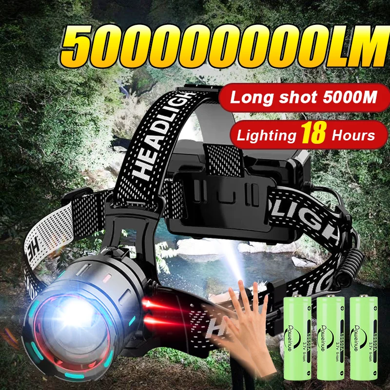

500000000LM Most Powerful Headlamp 1000W LED Ultra Bright Headlight With Fluoresce Headlamp Outdoor Camping Hunting Head Lantern