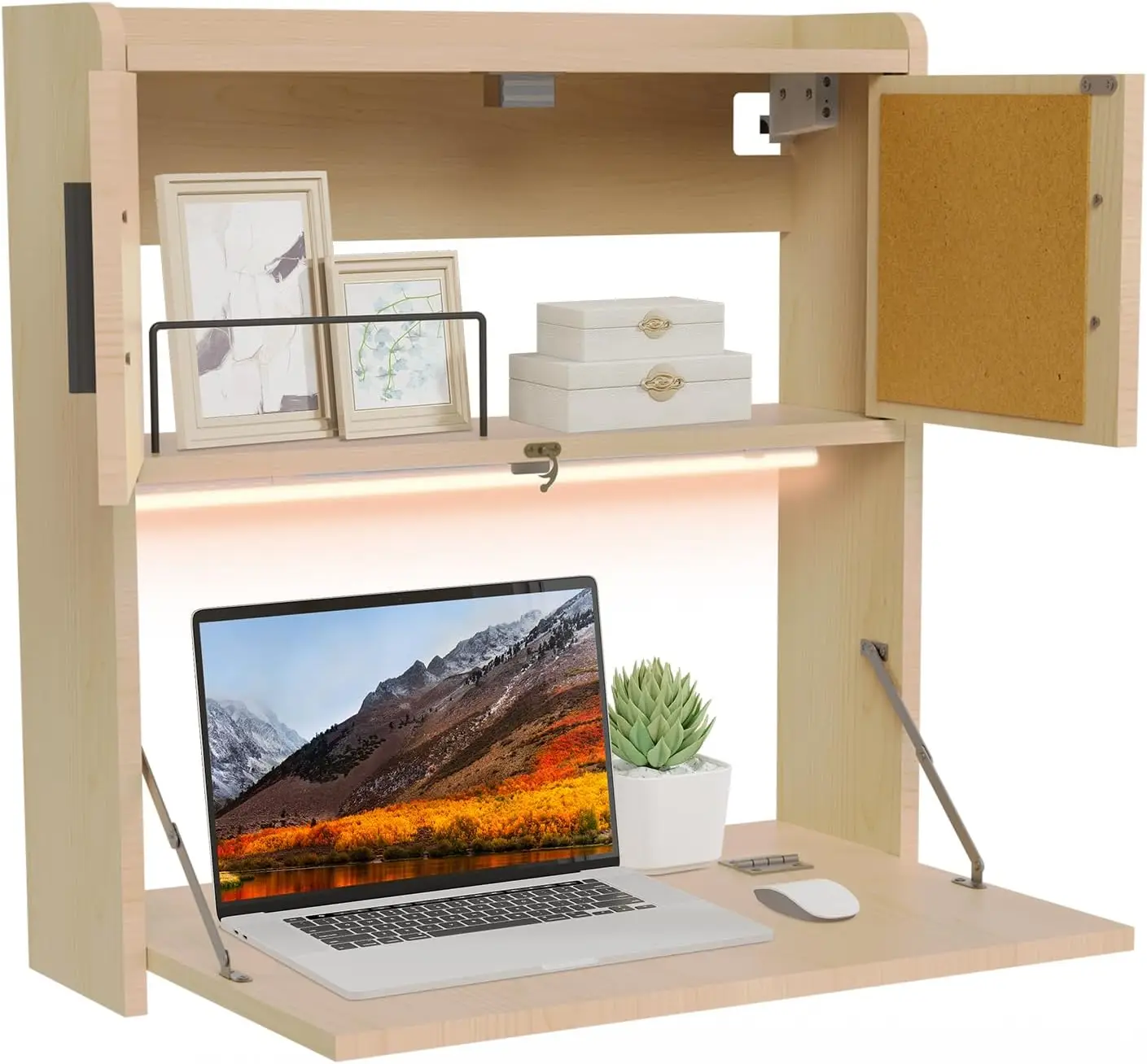 ARTETHYS Wall Mounted Desk Folding with LED Light Drop Down Hanging Desk | 3 Color Adjustable Light, Writing Workstation with St