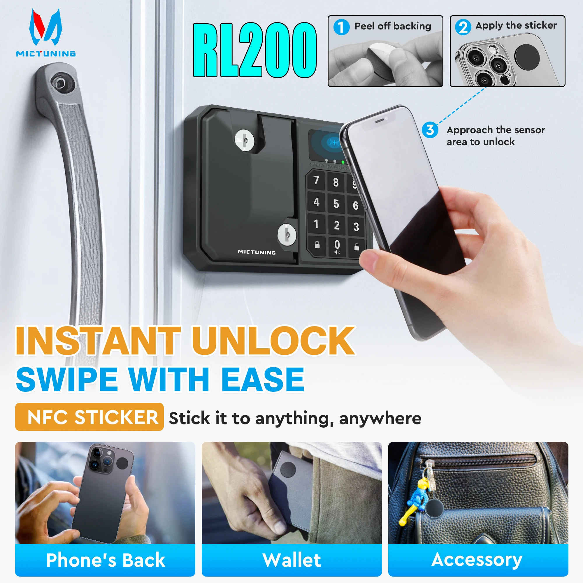 

MICTUNING RL200 RV Door Lock Keyless Wireless Key Fob NFC & Mechanical Key Waterproof 300 Days Standby for Campers caravans Cars