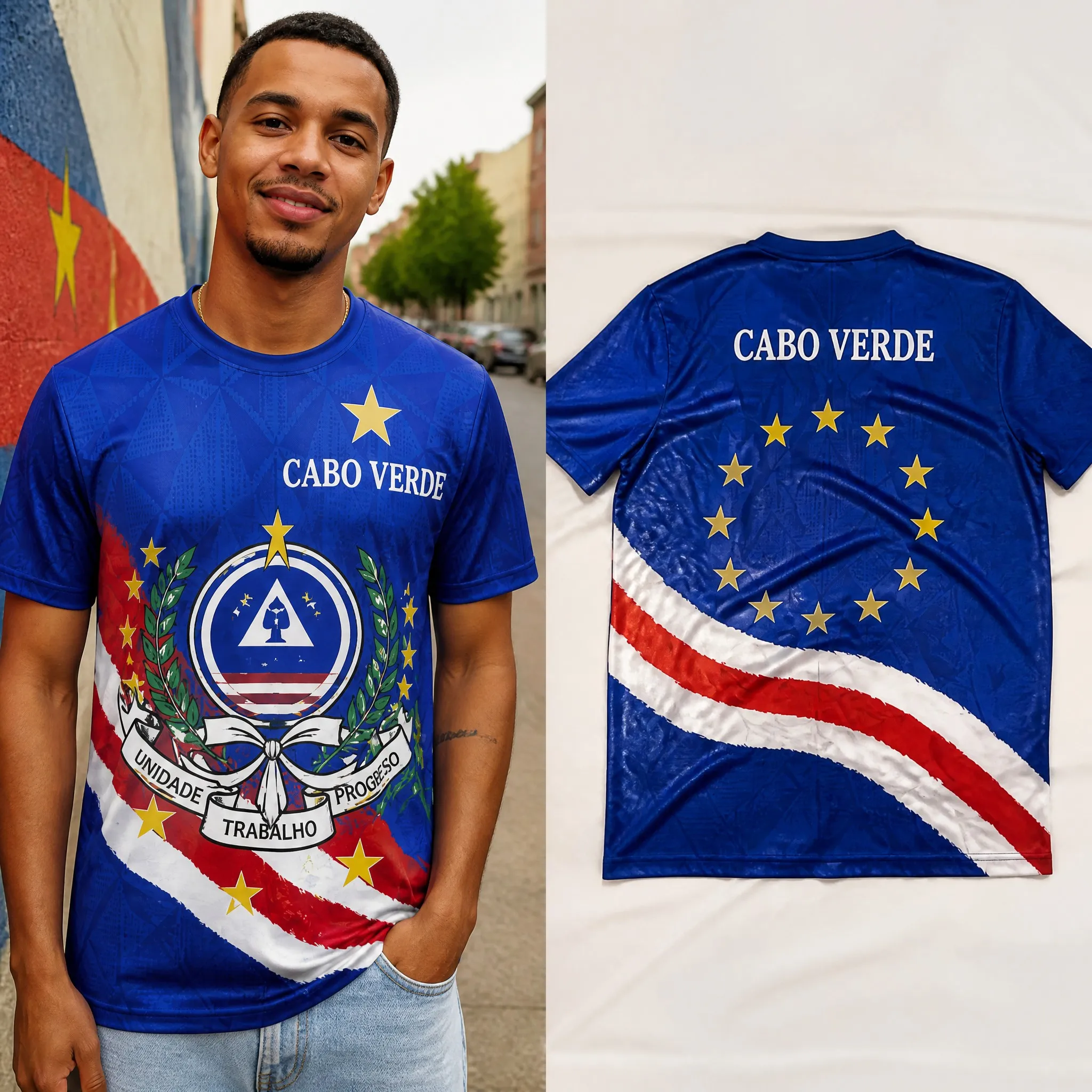 Mens Cabo Verde Crew Neck T Shirt Emblem Print Short Sleeve Casual Top Heritage Style Graphic Front Back Streetwear Street Style
