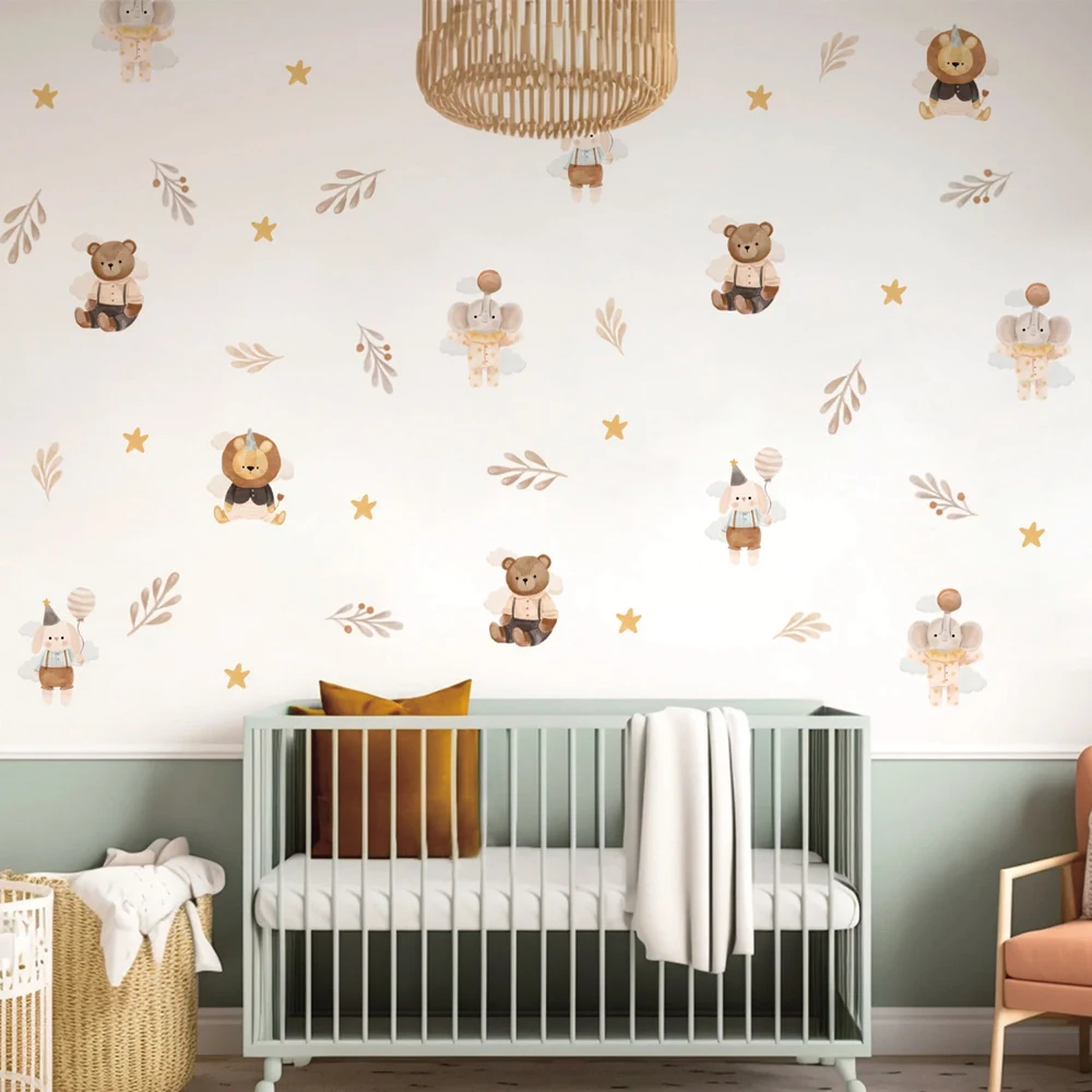 Boho Cute Cartoon Animal Elephant Lion Star Dreamy Wallpaper Stickers For Baby Girl Room Wall Decals Interior Playful Room Decor