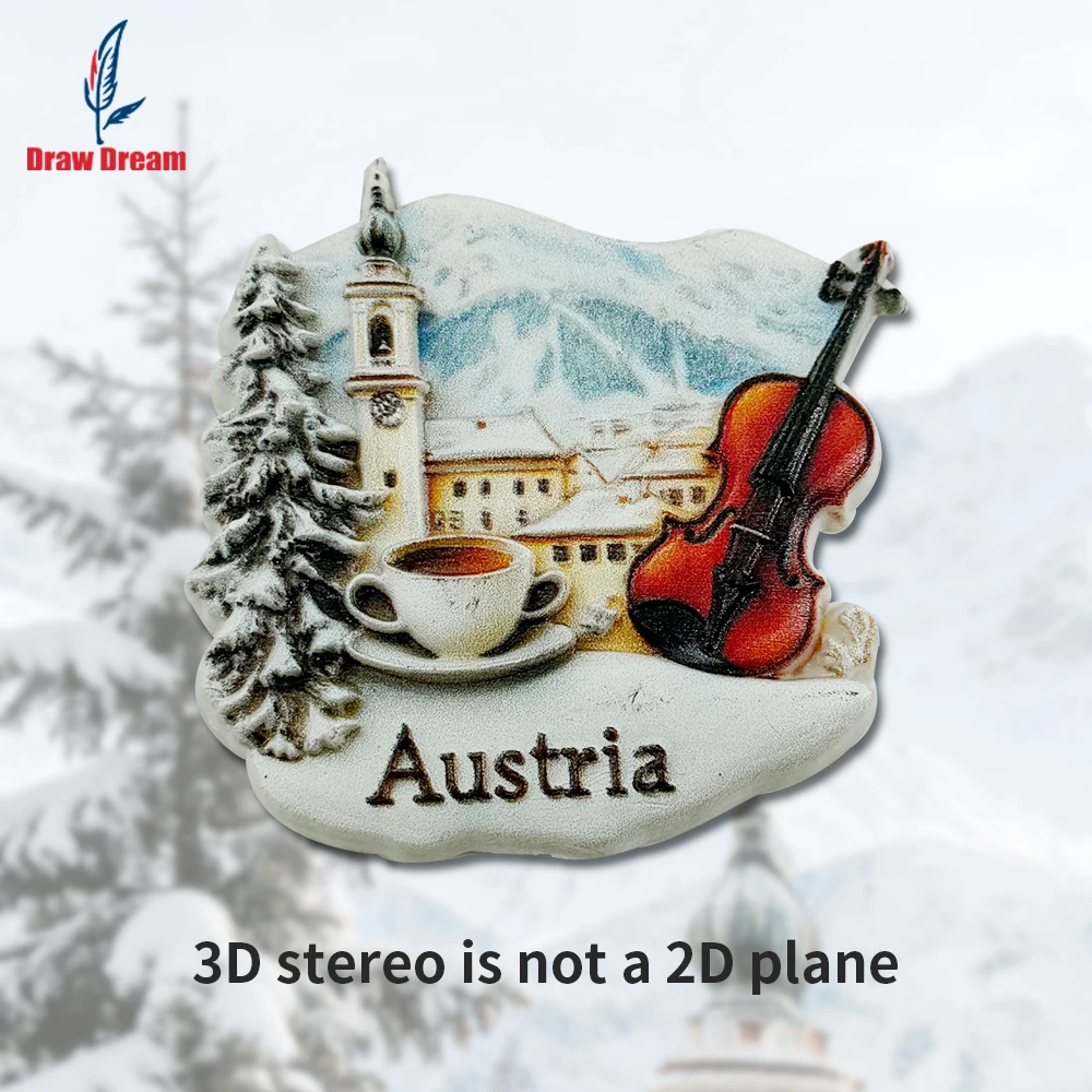 1PC Austrian Winter Coffee Violin Creative 3D Sticker for Refrigerator, Travel Souvenir, Home Decoration, Fine Art Gift.