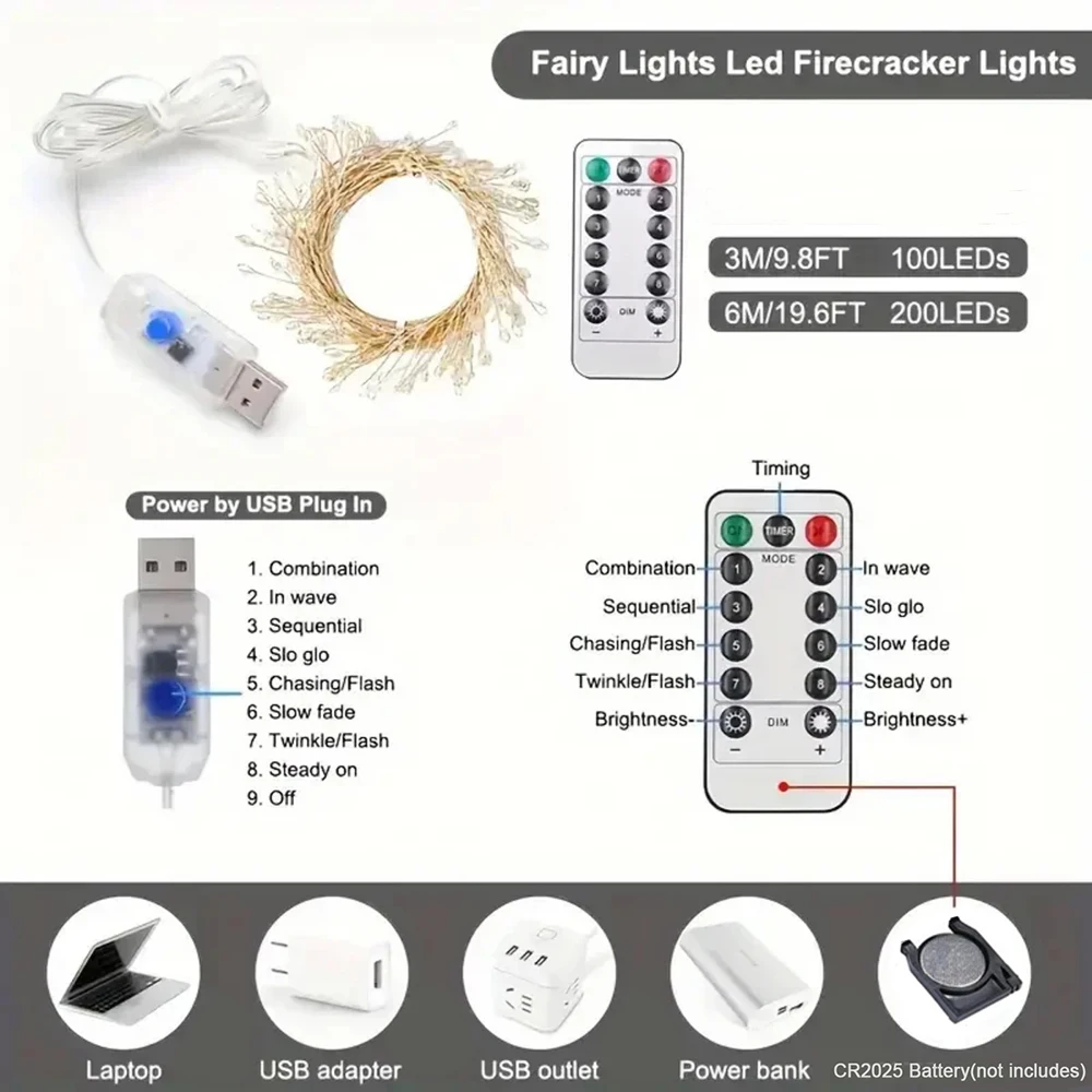 USB Battery Power LED String Light 13key Remote Control Firecracker Weaving Fairy Lights for Bedroom Wedding Christmas Decor 5V