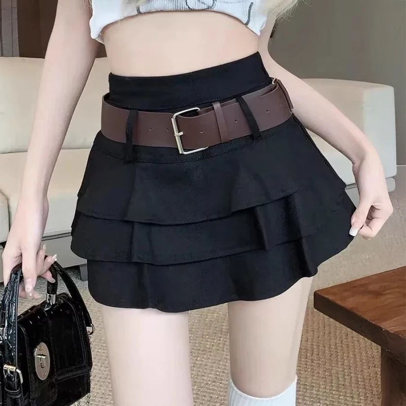 Minifalda con Volantes y Cinturón, Pantalones Cortos Integrados, Cintura Baja, Minifalda Escalonada, Estilo Y2K Alt Punk, Primavera Verano 2026