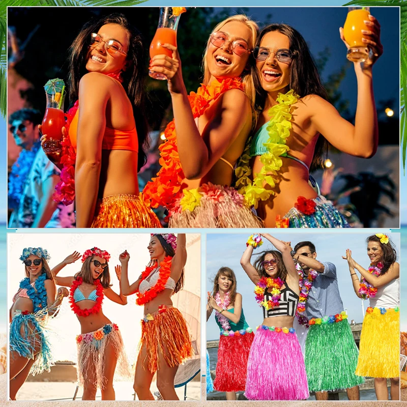 Hawaiian Luau Hula Skirt Set 12 Grass Skirts 12 Wrist Straps 12 Wreaths For Hawaiian Theme Parties Performances And Beach Events