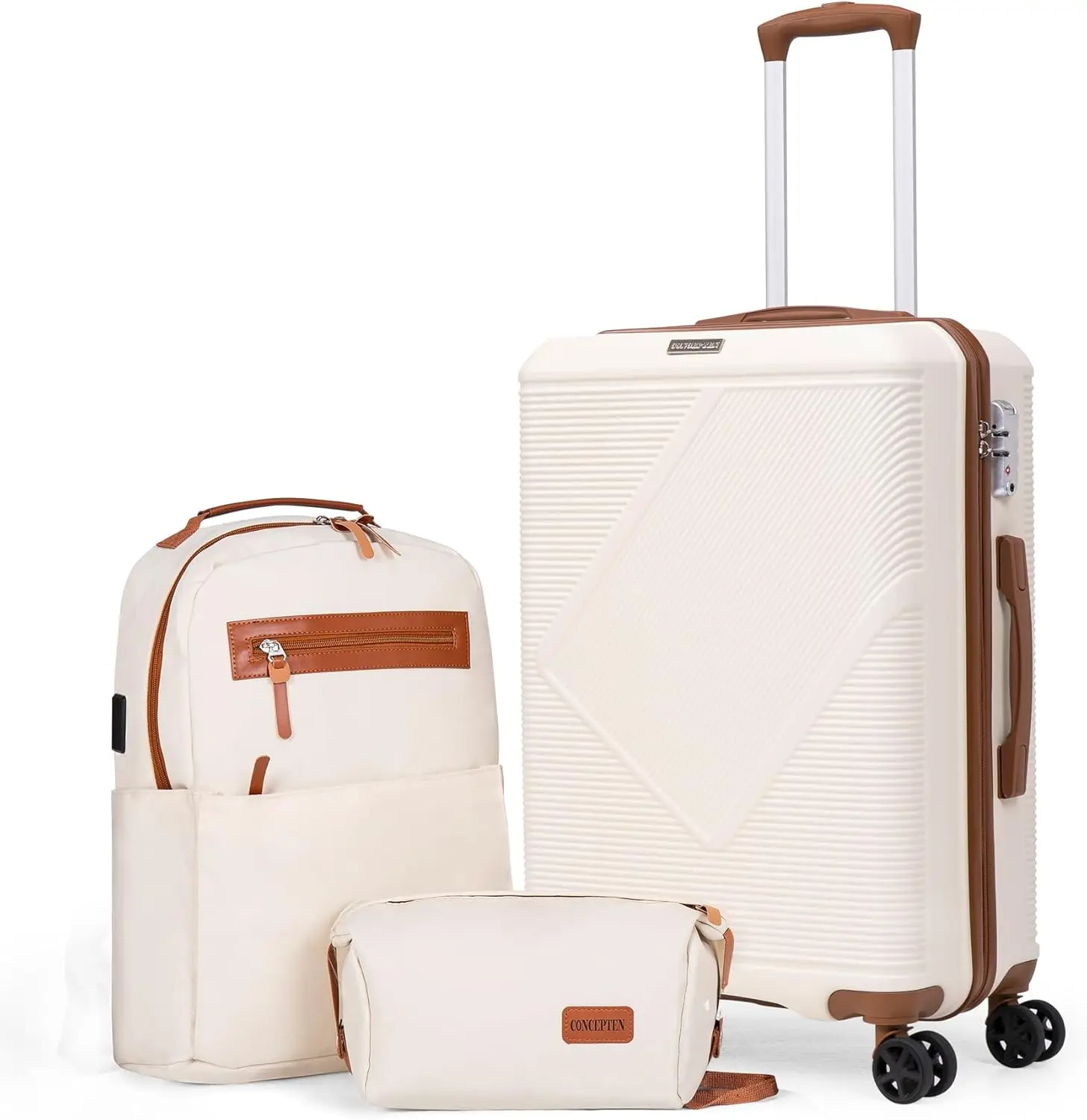 

Комплект из 3 предметов: чемоданы с колесами-спиннерами, замком TSA и легким корпусом из ABS-пластика, белые, 20-дюймовый ручной чемодан в комплекте