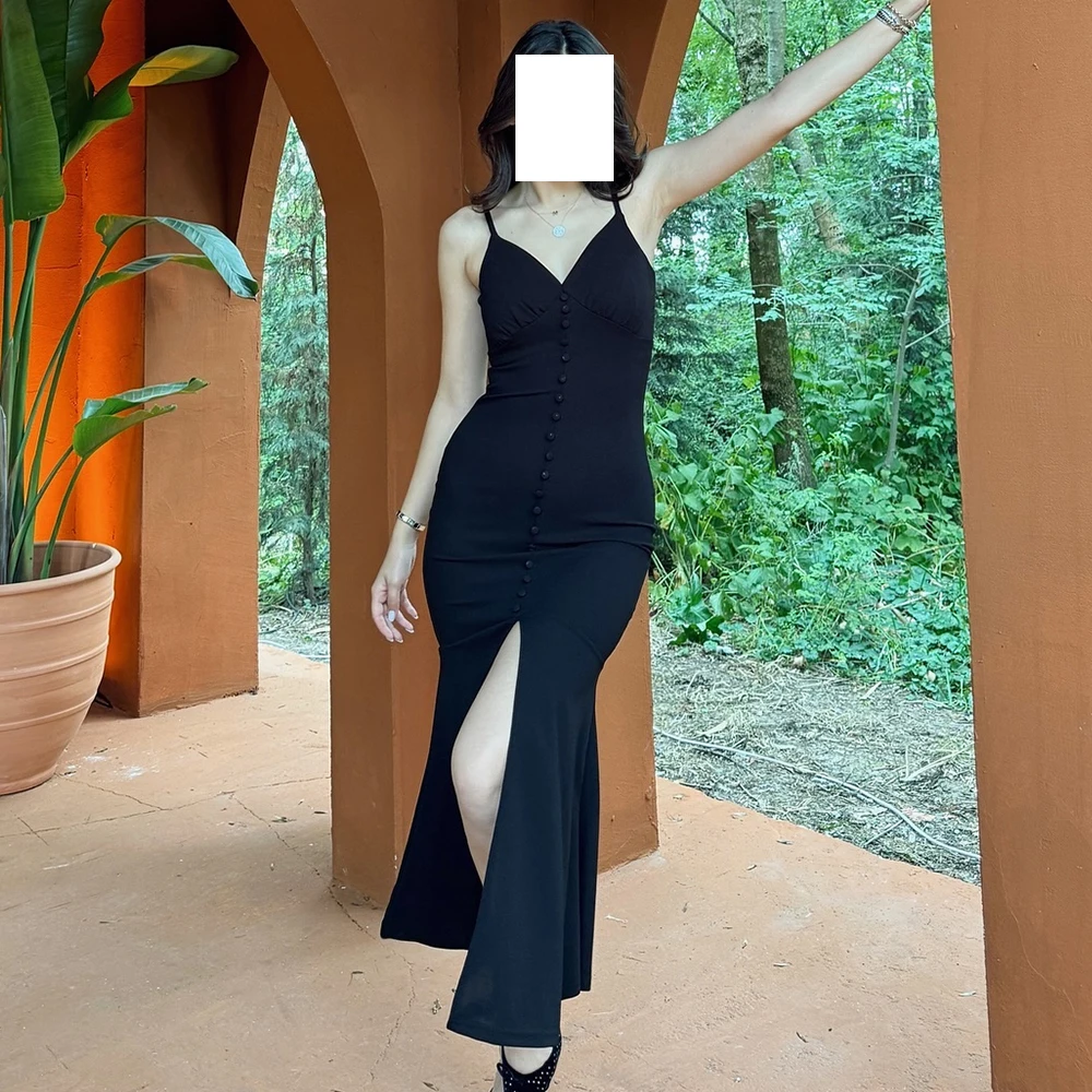 

Saudi Arabia Evening Gowns Straight V Neck Jersey Sleeveless Spaghetti Straps Tea Length Pleats Solid Black Buttons Modern 2024