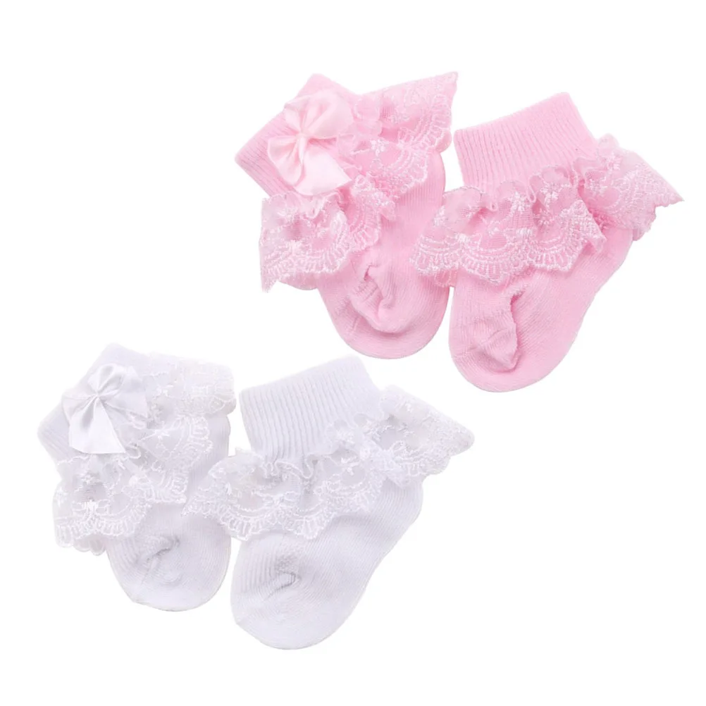 

2pcs Lace Socks For Breathable Bow-Knot Warm Kids Stockings Toddler Socks 0-1 Years Old White Pink Size S