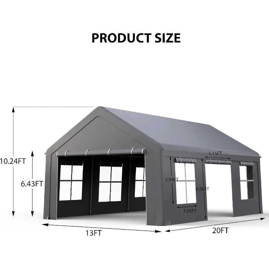 Heavy Duty 13x20 Carport, Portable Garage for Trucks SUVs: Steel Frame, Gray, Weather-Resistant Reinforced Canopy