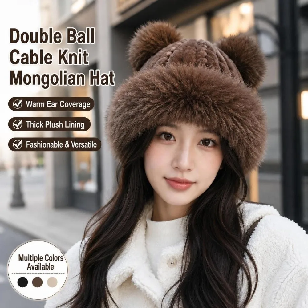 Polyester Cable Knitted Hat Fur Trim Face Slimming Fluffy Mongolian Hat Cold Proof 58cm Head Circumference Winter Trapper Hat
