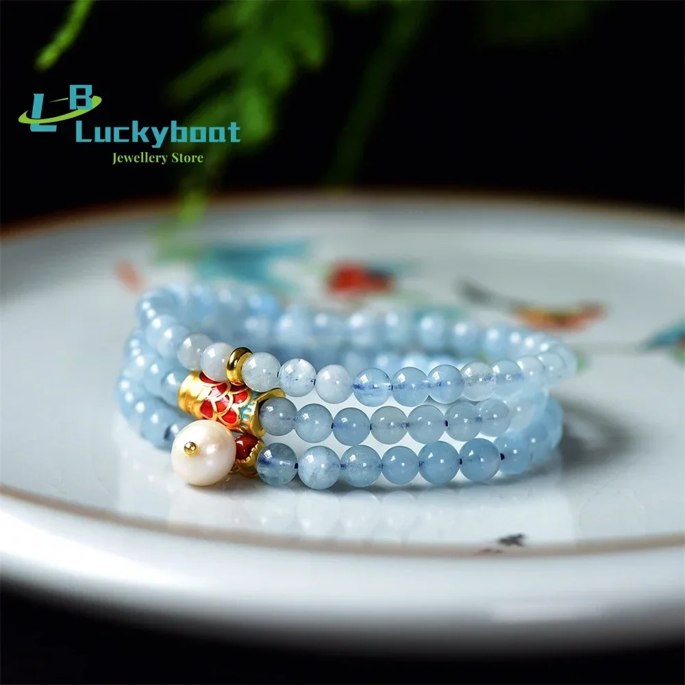 Natural Aquamarine 6mm Multi-Circle Bracelet Transparent Seawater Blue Enamel Fish Accessories Southern Red Bow Pearl