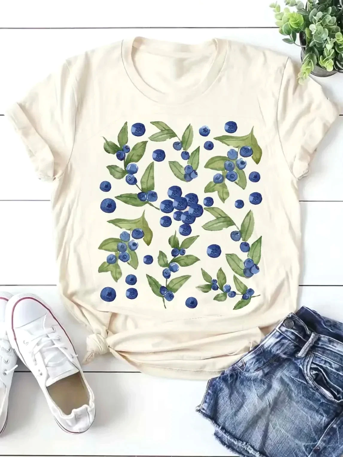 Blueberry Plant Love Print Trend Clothing Print Short Sleeved T-Shirt Casual Fashion Women's Pattern Women's Summer T-Shirt