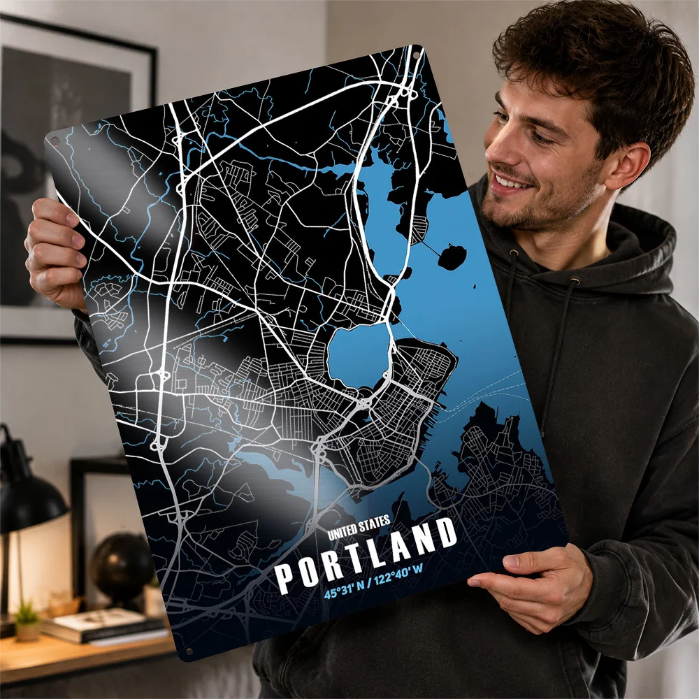 Portland City Map With Blue River Aluminum Poster Urban Wall Art For Home Office Or Study Personalized Metal Sign Birthday Gift