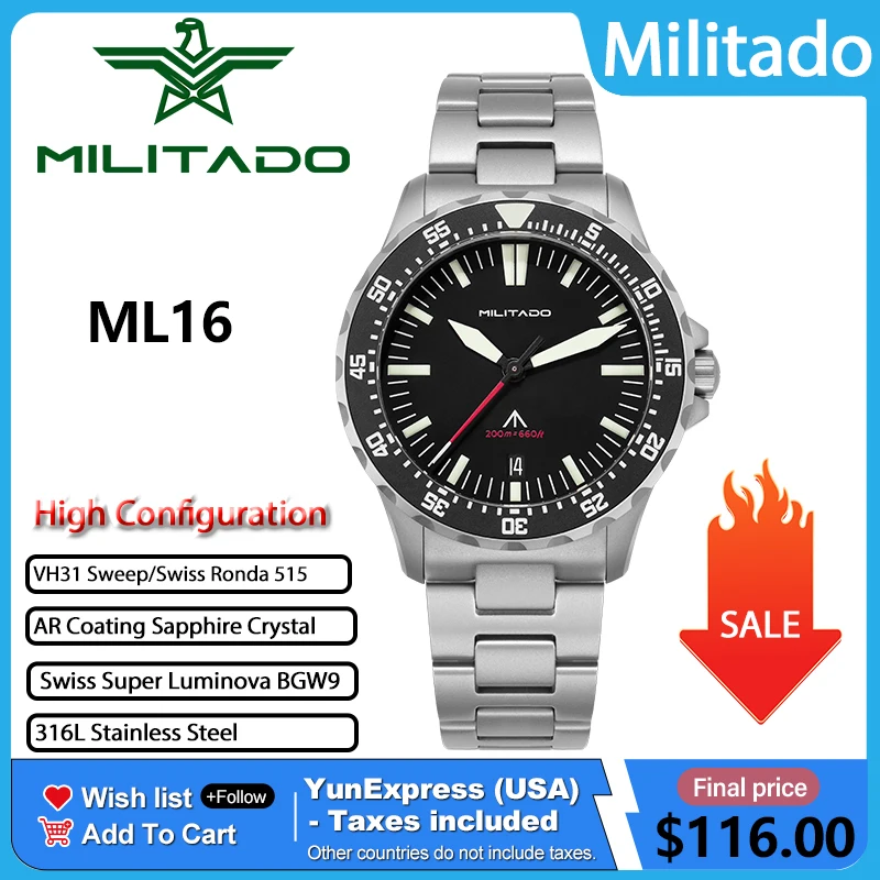 Militado New ML16 39mm Dive Watch Sapphire Crystal 200M Water Resistant Swiss Luminous Ceramic Bezel Quartz Wristwatch for Men