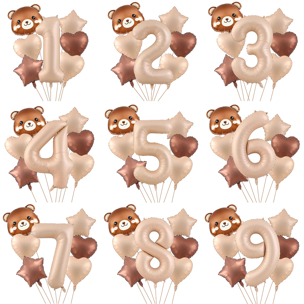 7-teiliges süßes Bären-Ballon-Set mit 32 Zoll Karamell-Digital-Aluminiumfolienballon für Geburtstagsparty-Dekoration, Babyparty-Zubehör