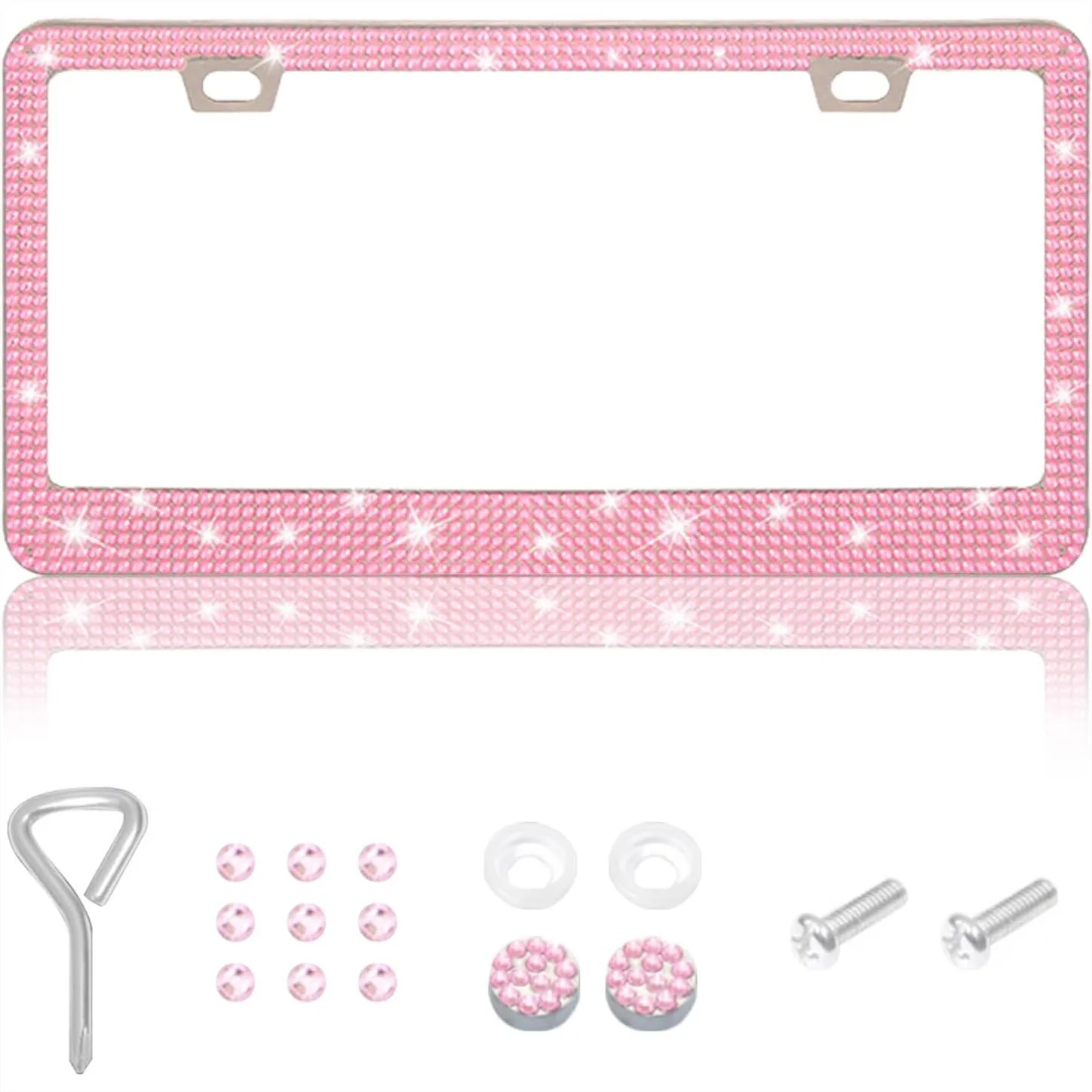

1 Pack Sparkly License Plate Frame, Bedazzled Rhinestone Stainless Steel Car Accessory with Diamond Glitter Caps, for Standard