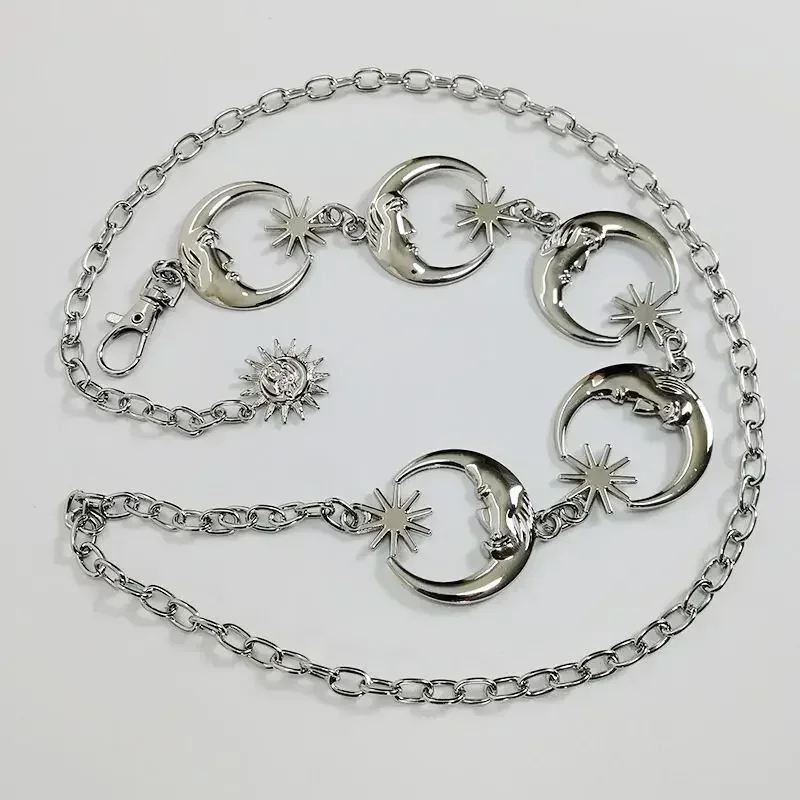 Womens Korean Fashion Belt Hip High Waist Gold Silver Narrow Metal Chain Gothic Moon Silver Pendant Vintage High Waist Chains