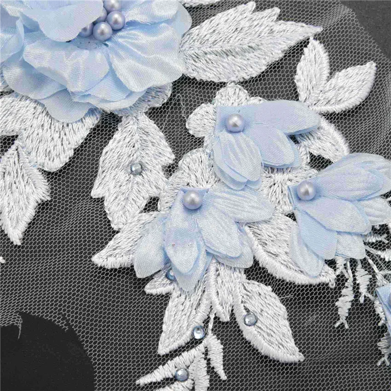 ABRT-3X Beaded Hot Drilling Lace Bridal Beaded Flowers Embroidery Patches For Clothing Wedding DIY Decor Sky Blue