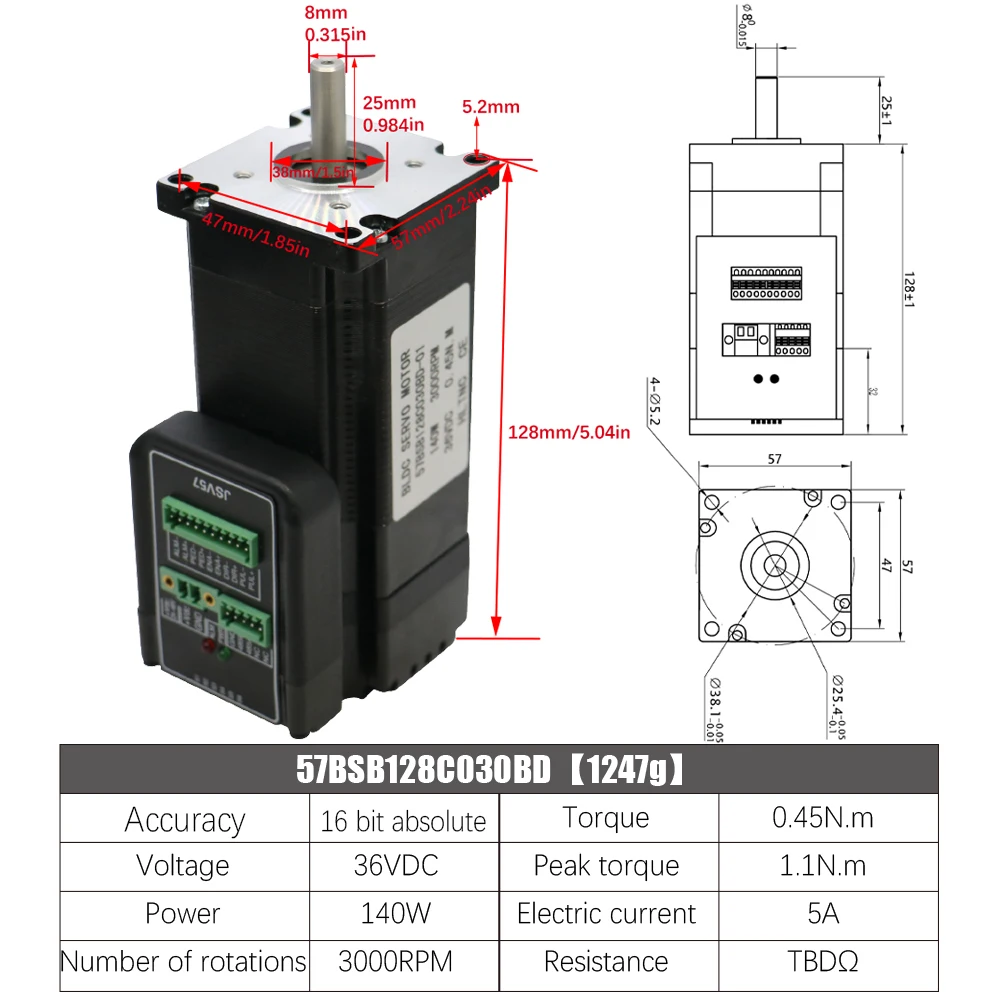 Silnik serwo DC 16-bitowy JSV57 3000 obr./min 90/140/180W DC 36V Nema 23 zintegrowany, 180W