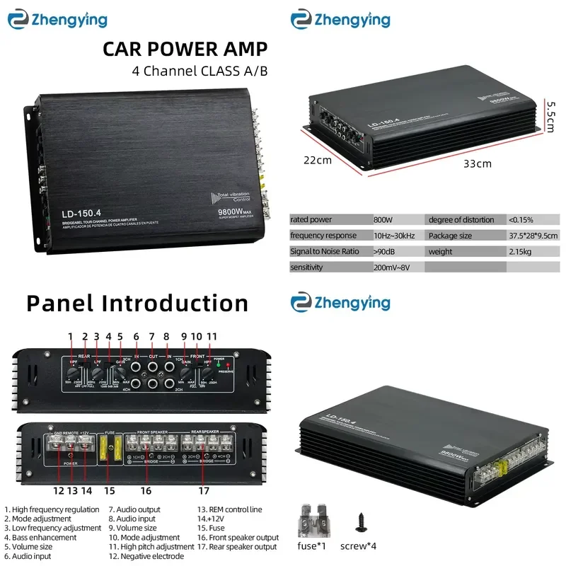 4-Channel Aluminum Alloy Universal Compatible Class A/B Car Audio Power Amplifier with 3D Stereo