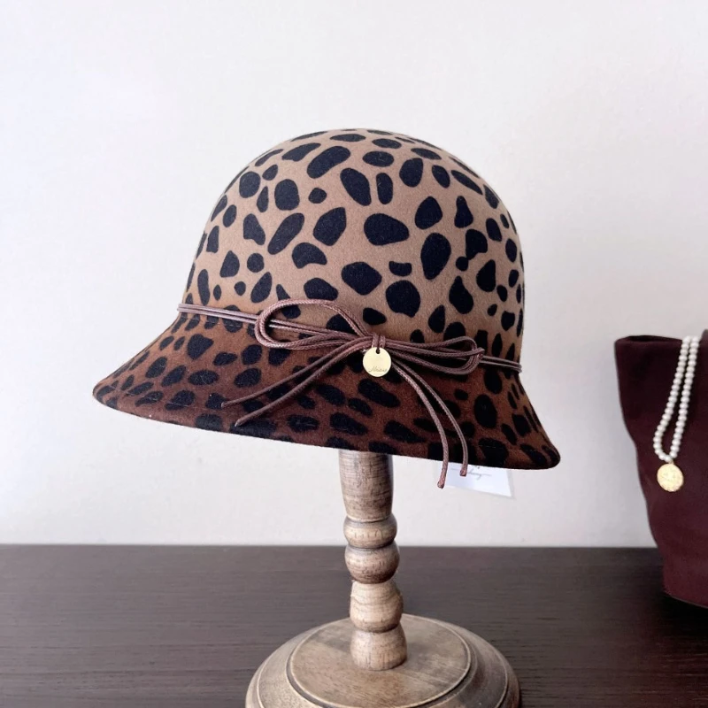 New Fashion Personalized Leopard Print Wool Fisherman Hat Panama Wool Felt Jazz Fedora Hats For Men Leopard Goth Top Wedding Hat
