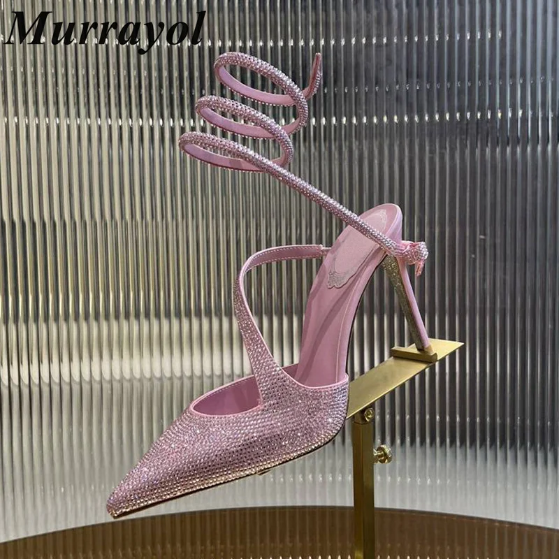 Rhinestone Snake Shaped Elastic Strap Sandals Women Pointed Toe Closed Toe Thin High Heels Sandalias Summer Dress Shoes Pumps