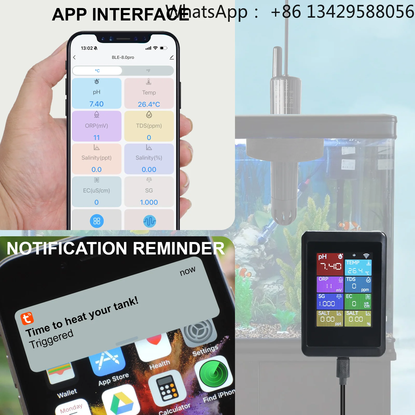 8 in 1 WiFi PH Meter Multi-Parameter Water PH, Temperature, TDS, EC, Salinity, Specific Gravity, ORP for Aquariums