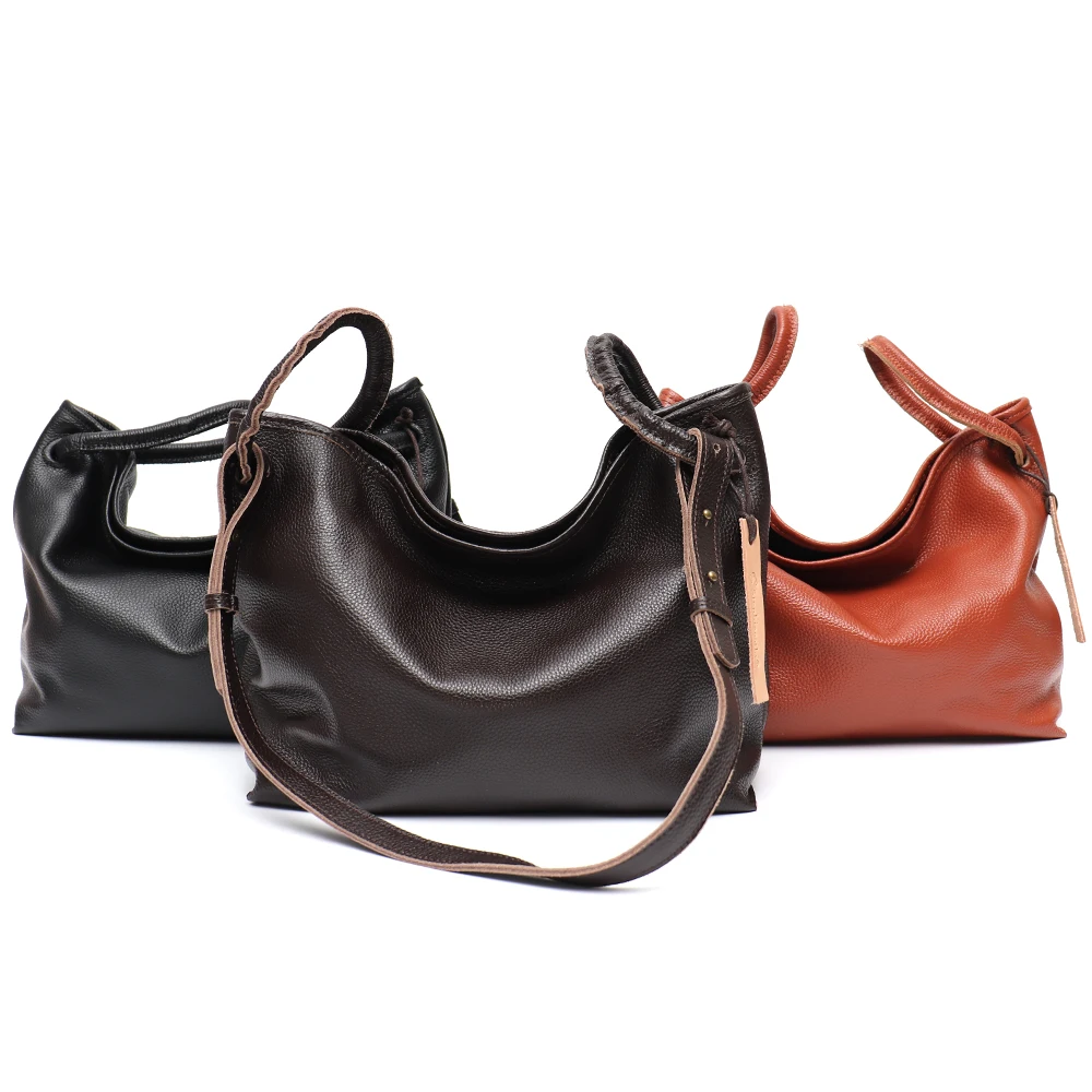 SC Retro Genuine Leather Shoulder Trapeze Bag Female Casual Soft Slouchy Cowhide Top-handle Bucket Pillow Hobo Crossbody Bags