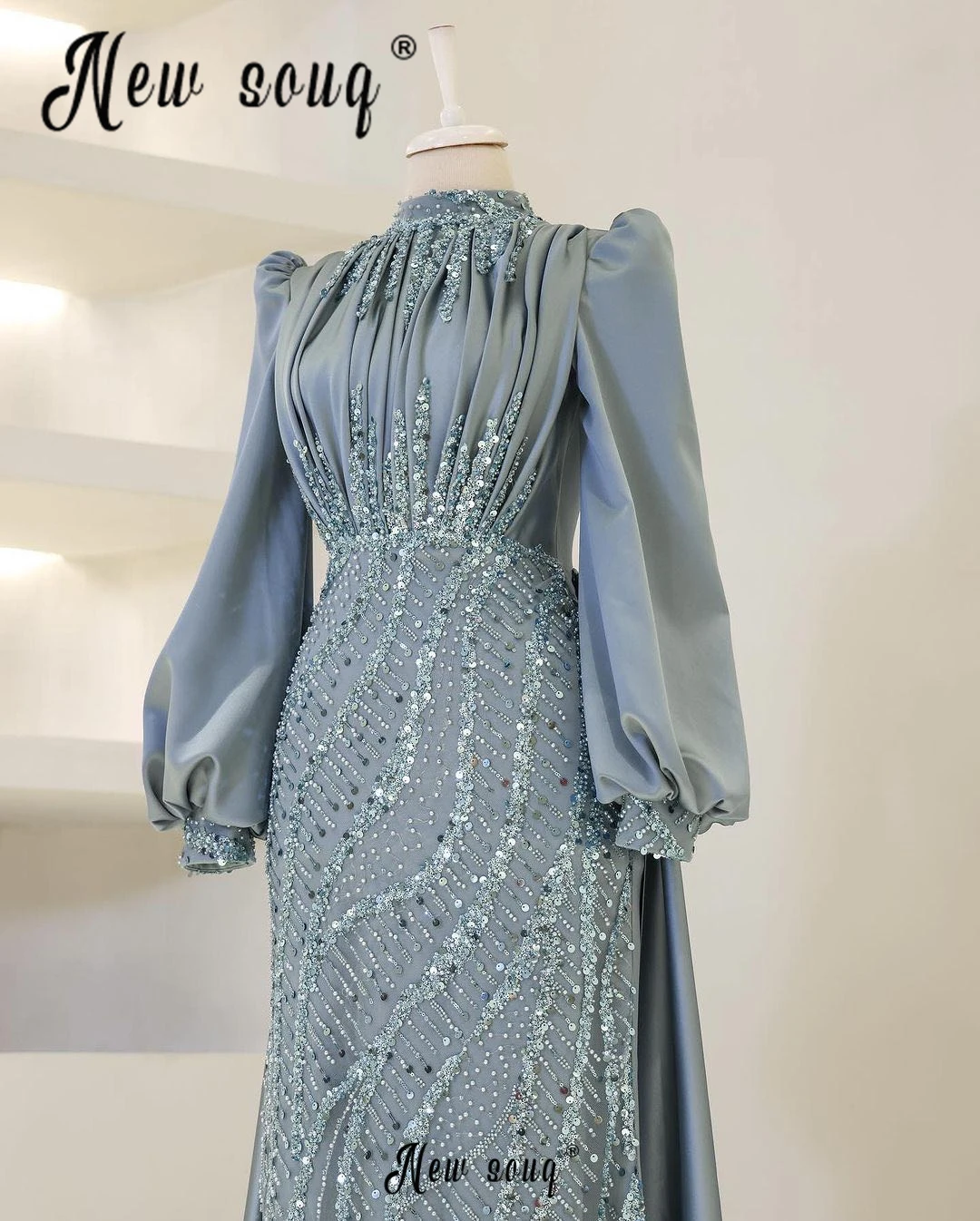 Muslim Dusty Blue Lantern Sleeve Prom Dress Beaded Sheath Dresses Arabic Women Wedding Party Gowns Formal Evening Dress 2024