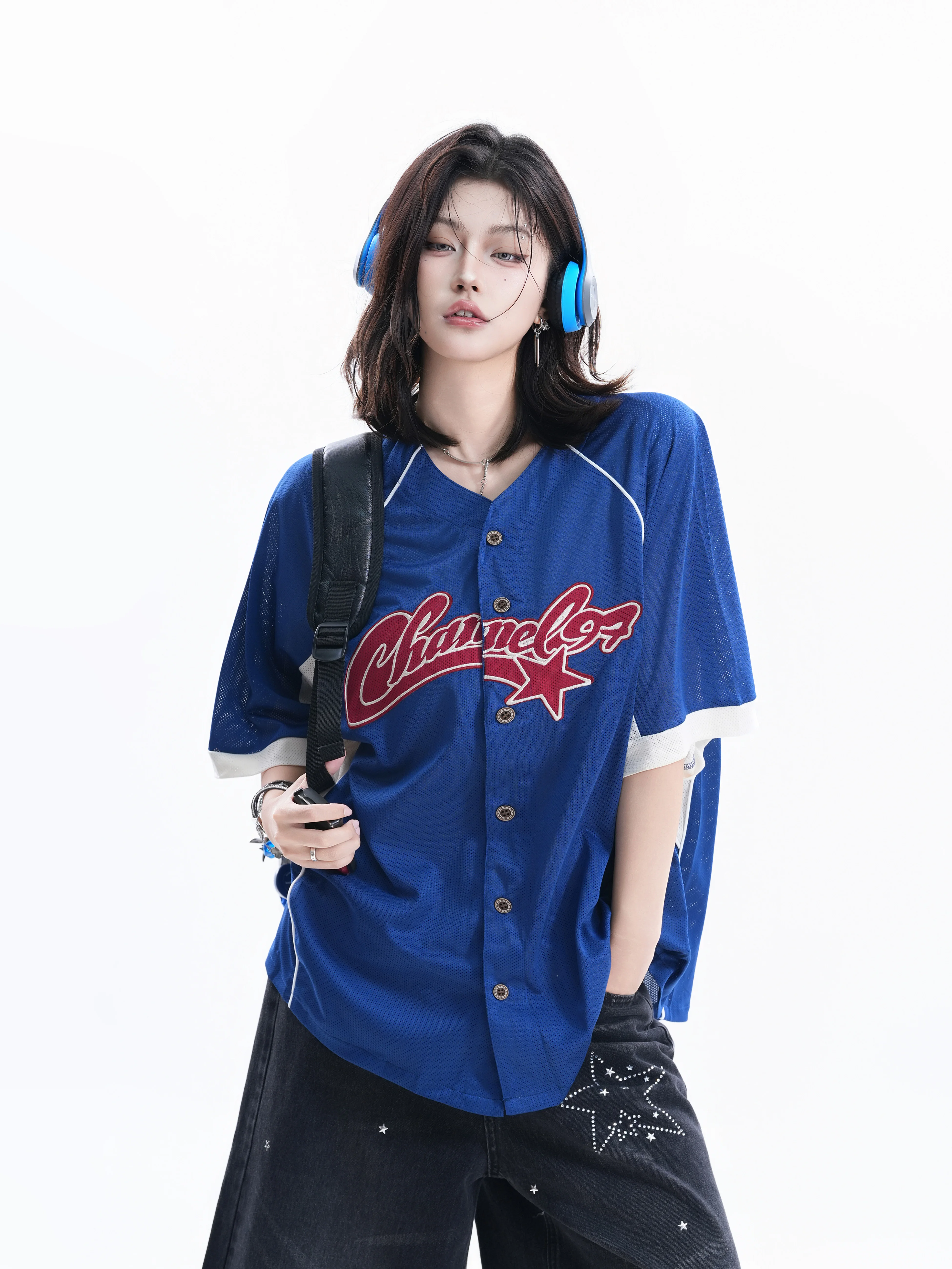 

Retro American Small Ball Eyeball Short Sleeve Open Cardigan Women's Letter Embroidery Street Fashion Neutral Half Sleeve T-s...