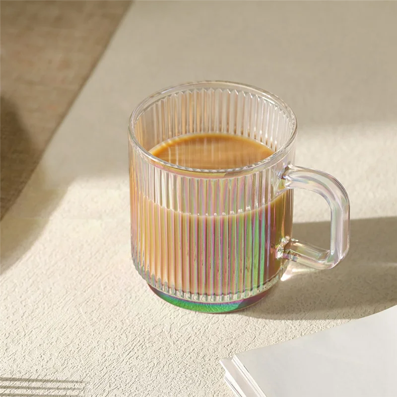 2 PC แก้วกาแฟถ้วยพร้อมฝาปิดแก้วแก้วกาแฟ Ribbed แว่นตากาแฟพร้อมที่จับสําหรับ LATTE Cappuccino ชานม A