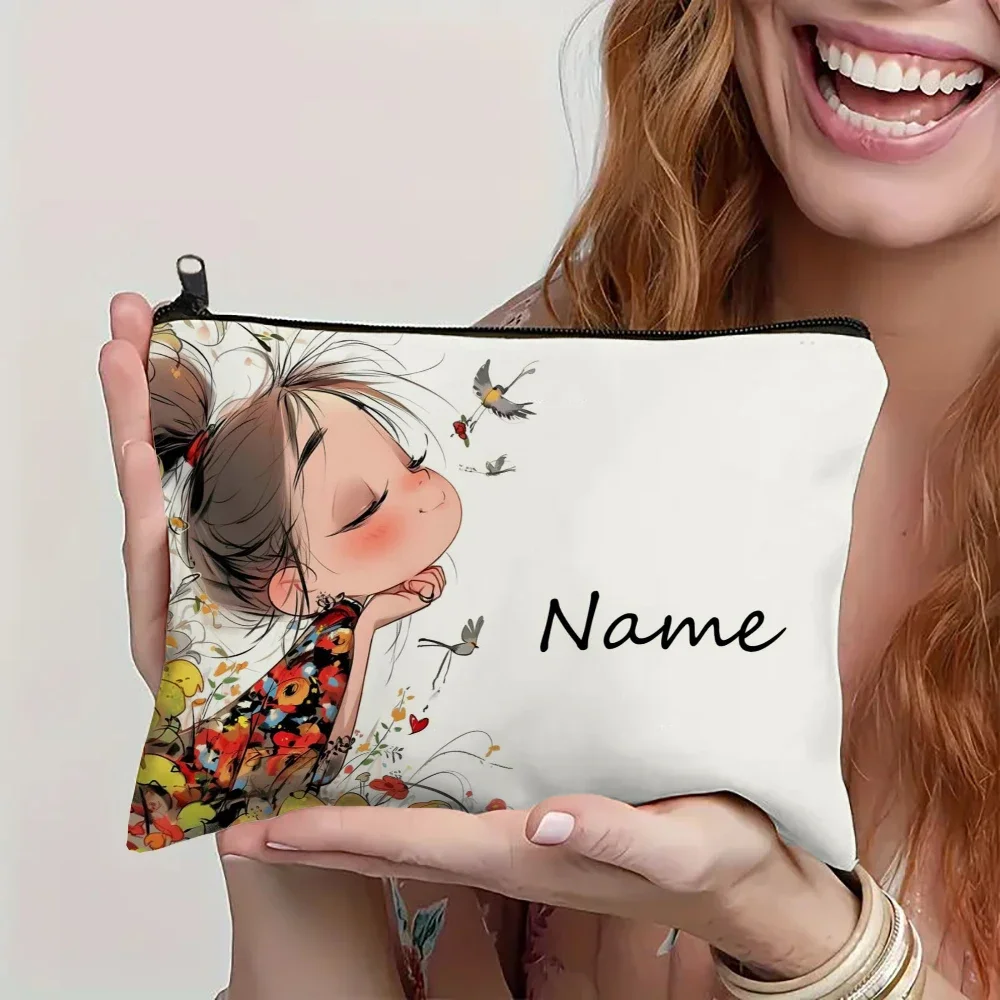 Personalized Chinese Style Girl Illustration Canvas Cosmetic Bag - Custom Name Zipper Pouch Makeup Organizer Cute Gift for