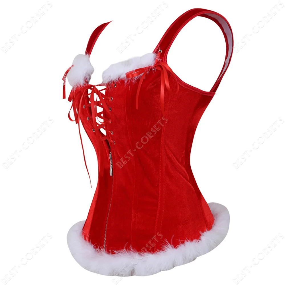 Red Corset Tops for Women Christmas Corset with Feather Santa Costume Carnival Sexy Overbust Corset with Straps