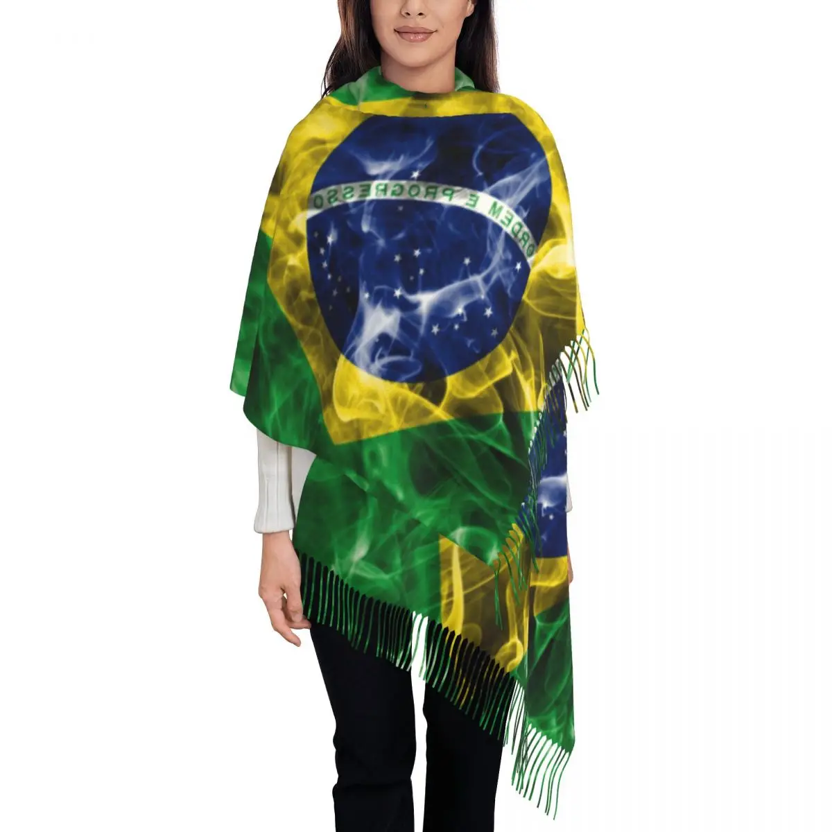 

Brazilian Flag Scarf Wrap for Women Long Winter Fall Warm Tassel Shawl Unisex Brazil Scarves