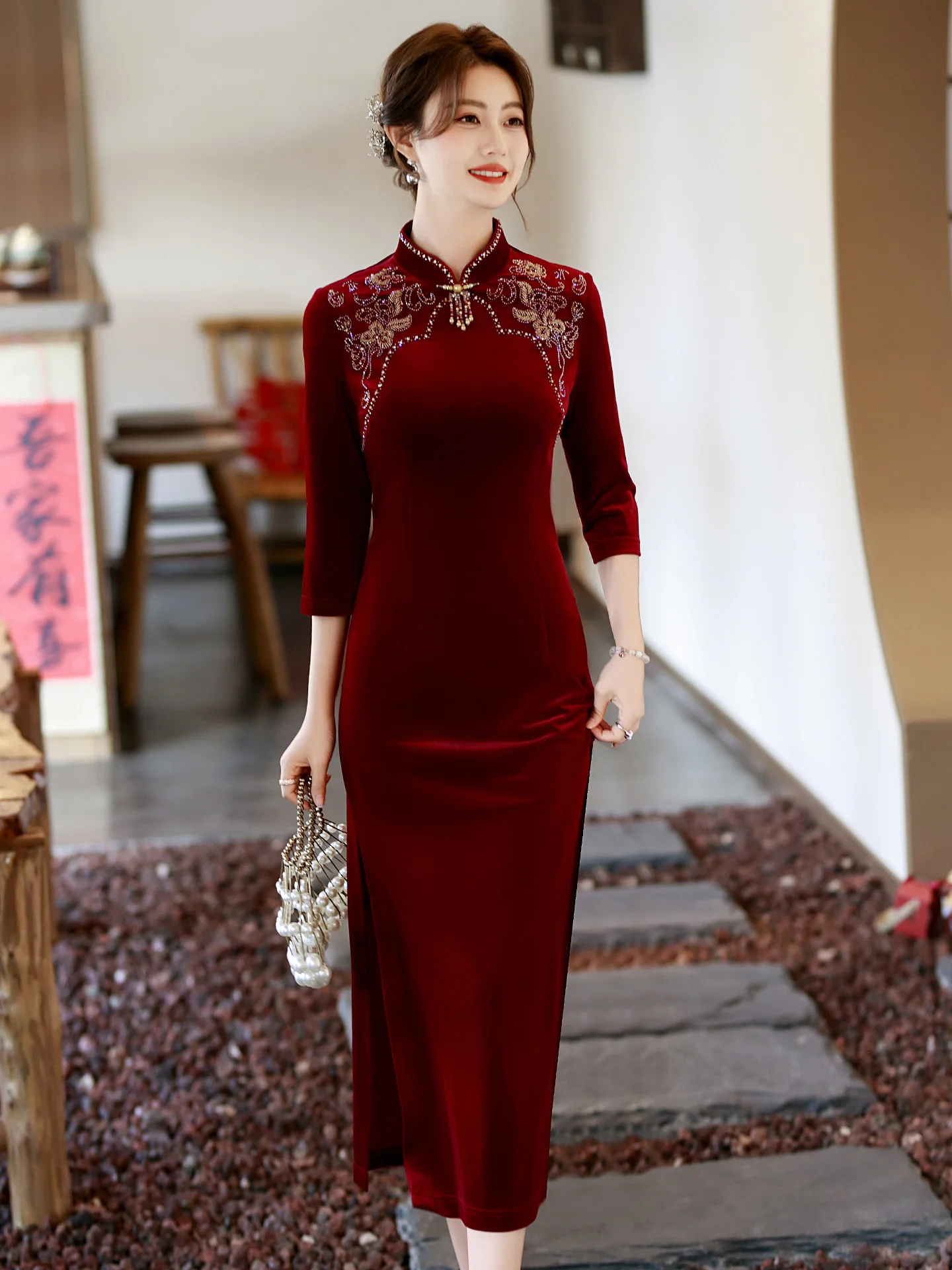 

Свадебное платье-ципао из бархата, длинное, винно-красное, с рукавом 3/4, для мамы, традиционное китайское, теплое, комфортное, хорошо сидит