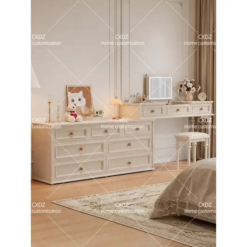 Retro Solid Wood Makeup Table with Flip Mirror Integrated Bedside Cabinet Dresser and Desk Two in One Vanity Chest for Master