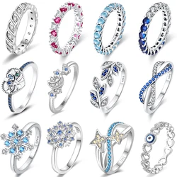 Anillos de plata de ley 925 auténtica para mujer, anillos de copo de nieve de circón en forma de corazón Rosa romántico, joyería de boda de compromiso fina
