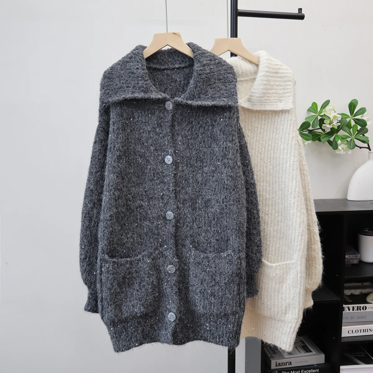 

Knitted Cardigan Sweaters Women Solid Jumper Sequin Pocket Turn Down Collar Long Sleeve Single Breasted Loose 2025 Autumn Winter