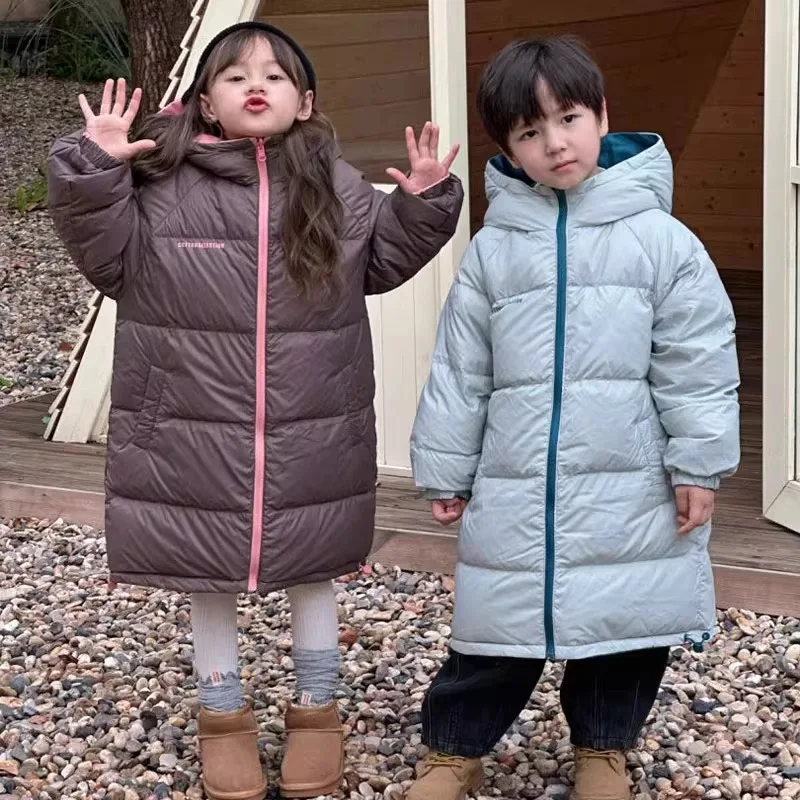 

Осенне-зимняя стеганая куртка для мальчиков и девочек, теплое длинное пальто, однотонные топы с капюшоном, удобная детская одежда, новая модная повседневная одежда