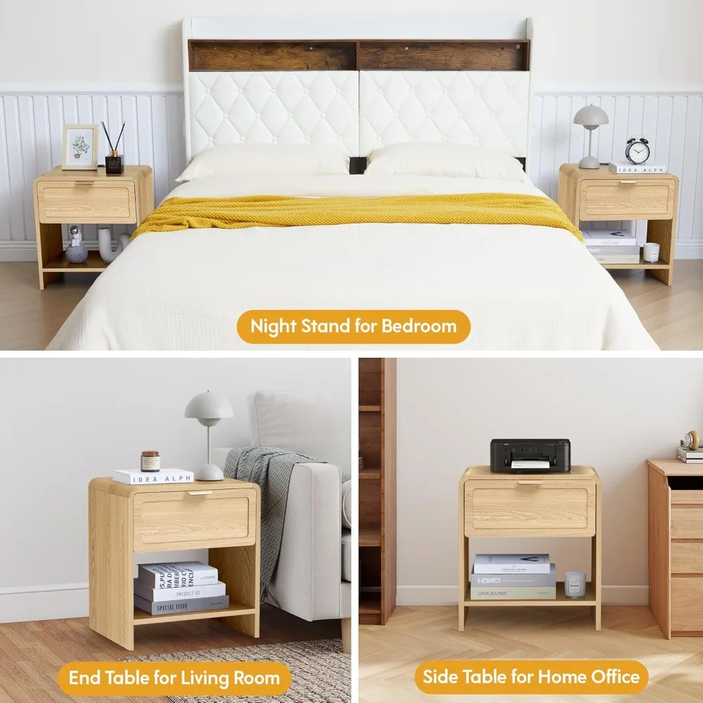 Par de mesitas de noche modernas de mediados de siglo con estación de carga, rincones curvos, mesitas de noche de madera para decoración elegante del hogar