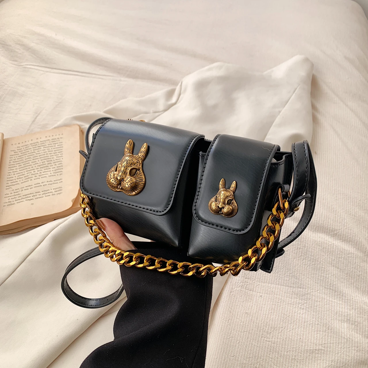 2 Pouch Handbag Luxury Bag Small Crossbody Bags For Women Chain Clutch Bag Metal Rabbit Brand Shoulder Purse Pu Leather Lady Bag