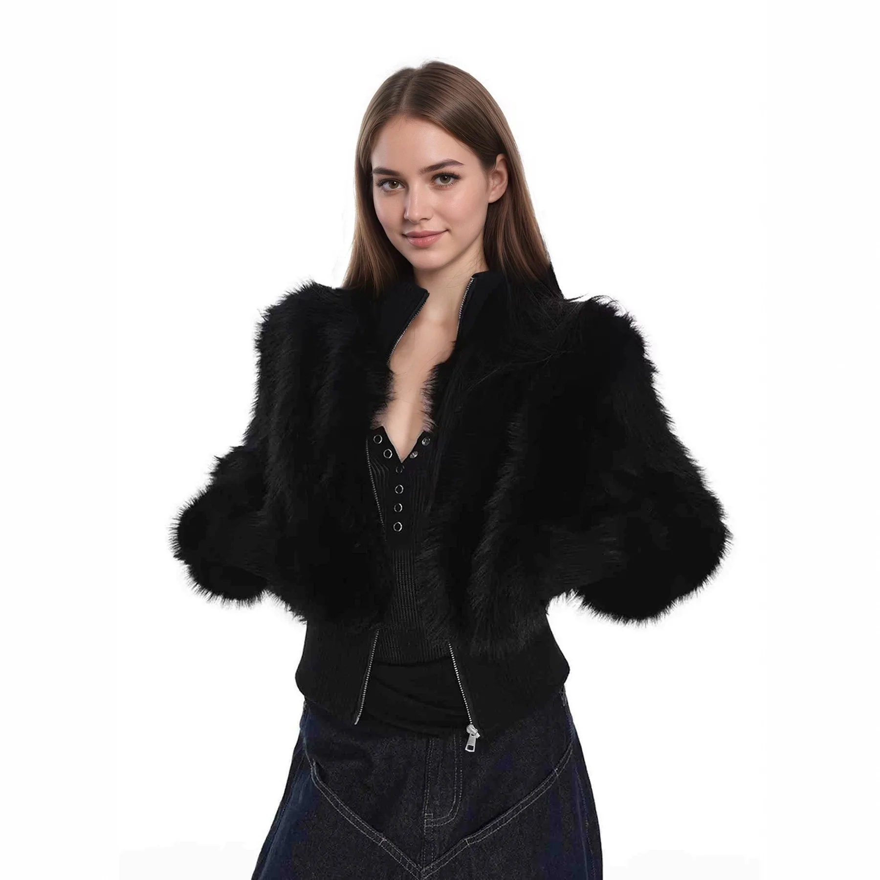Stand-up Collar and Front Shoulder Imitation fox fur Coat for Women's Autumn and Winter 2026 New Zipper High-end Short fur Coat