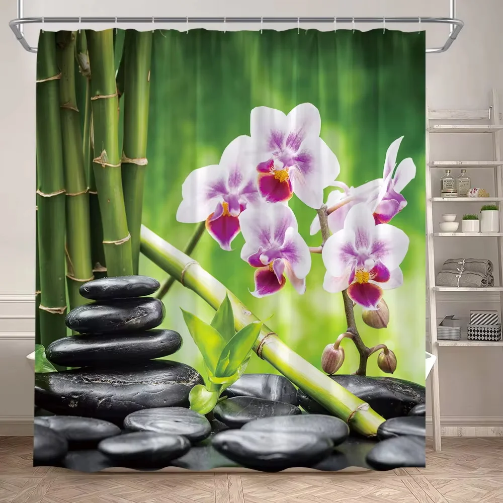 Zen Shower Curtain Natural Flowers Butterfly Grey Stone Reflection Spa Scenery Home Bathroom Decor Polyester Fabric Bath Curtain