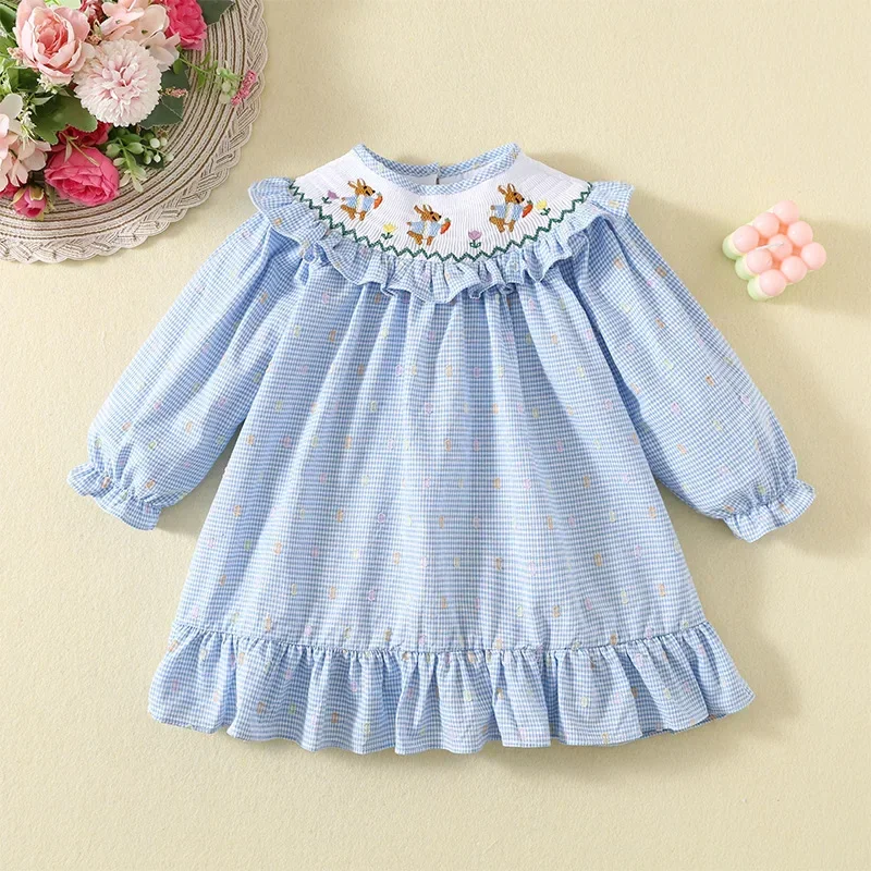 2024 Girls Dress Clothes Kids Children Cartoon Bunny Embroidered Long Sleeve Blue Plaid Dresses Cotton Spring and Autumn Costume