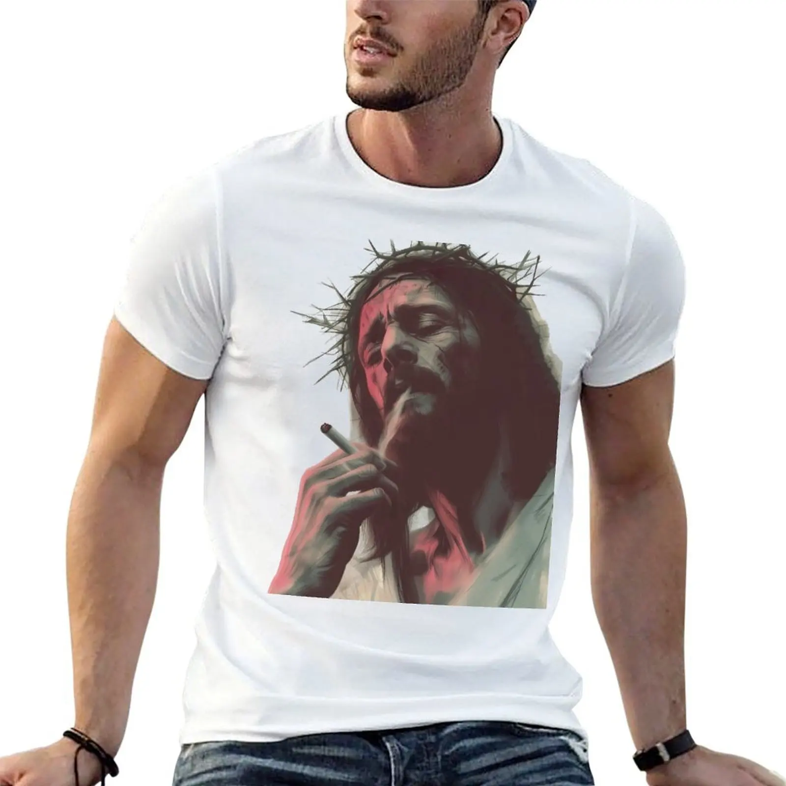 Jesus smoking a cigarette, Jesus Has Had Enough, Depressed Jesus T-Shirt man t shirts cotton funny t shirts dark humor T-Shirt