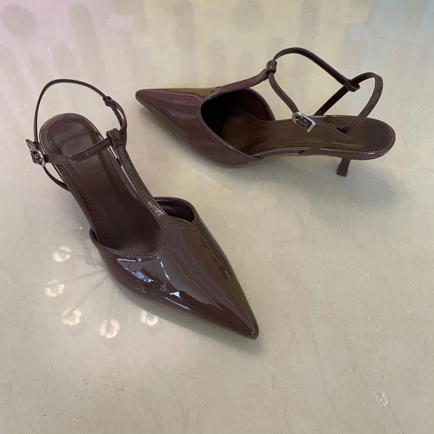 Summer Modern Office Shoes for Women Patent Leather Wedding Ankle Strap Pointed Brand Designer Female High Heeled Sandals
