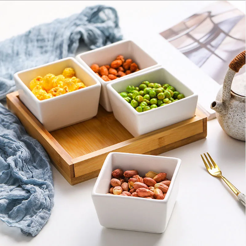 

Ceramic Bamboo Storage Tray With Lid Dry Fruit Dessert Rectangle Dish Removable Multi Grid Plate Candy Dried Snack Foods Tray