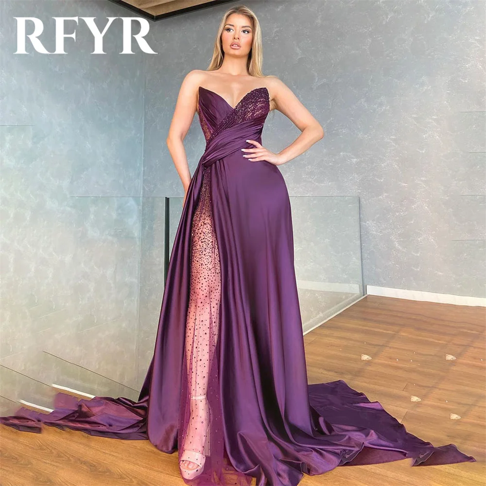 Rfyr roxo elegante colher vestido de noite feminino simples sem mangas com pregas praia divisão lantejoulas baile de formatura vestidos formais vestido personalizado