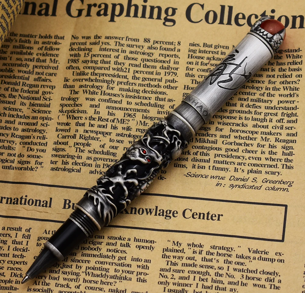 Yeni Jinhao ejderha kral Vintage tükenmez kalem, benzersiz Metal kabartma yüksek teknoloji, gri ve kırmızı renk iş ofis ev gereçleri